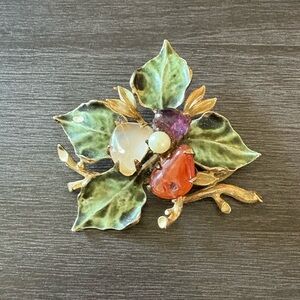 Vintage Francois Enamel Leaf Chalcedony Stones Brooch Pin
